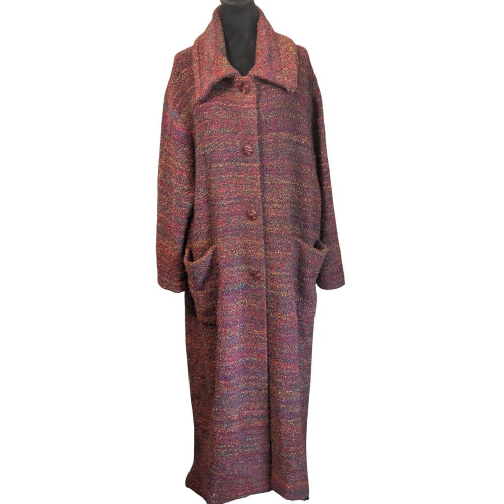 Avoca Ireland Womens 38 12 Red Multi Boucle Wool Blend Duster Coat Oversized